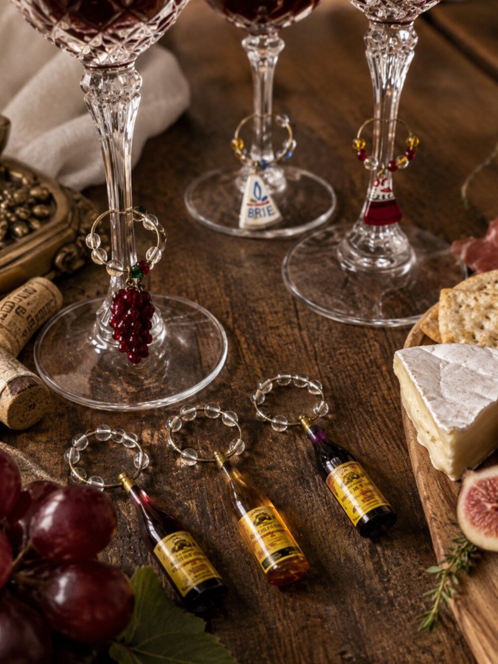 Set of 12 Vintage Wine Glass Charms – Food & Wine Theme Stem Markers with Mini W